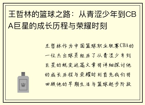 王哲林的篮球之路：从青涩少年到CBA巨星的成长历程与荣耀时刻